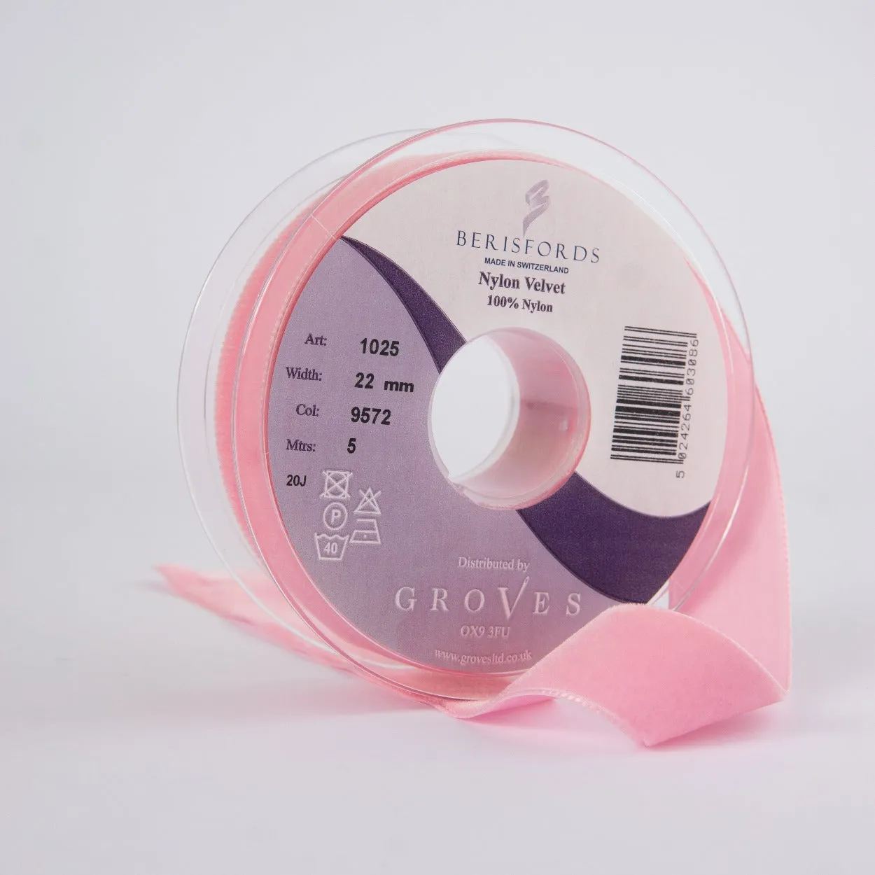 Berisfords Velvet Ribbon, Blush Pink